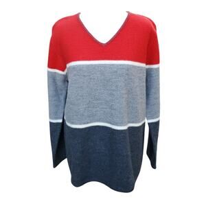 Vintage Pendleton Red Gray Wide Stripe Merino Wool Sweater Whipstitch V-neck M